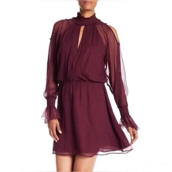 Parker Shelli Shirred Silk Dress in Wine Burgundy High Neck Size Medium - Picture 4 of 12